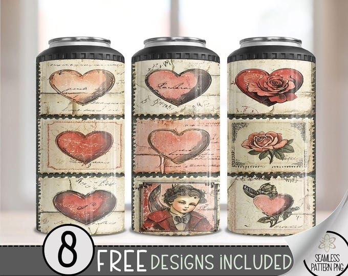 Victorian Heart 4 in 1 Can Cooler Wrap, Vintage Stamp 4in1 Tumbler PNG, Shabby Chic 16 Oz Can Cooler Sublimation Design,Valentine's Day File