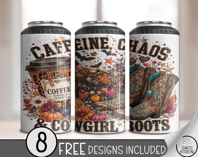 Caffeine Chaos Cowgirl Boots 4-in-1 Can Cooler Wrap Sublimation Design, Digital Download, B10426