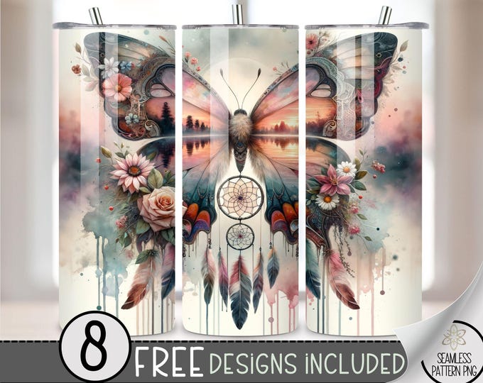 Boho Dreamcatcher Butterfly Floral Tumbler Wrap, Floral Sunset Sublimation Design PNG, Ethereal 20Oz Skinny Tumbler File, Lake Tumbler PNG