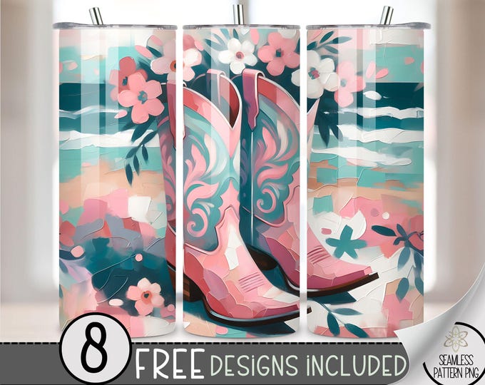 Cowboy Boots At The Beach PNG Tumbler Wrap, Western Seamless Design, Instant Download, 20 Oz Skinny Sublimation Tumbler Design, Teal Acrylic
