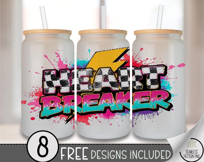 Retro Heartbreaker Glass Can Wrap PNG, Trendy Graffiti Design, Edgy Bold Energy, Vintage 80s, Digital Download for Sublimation, B802