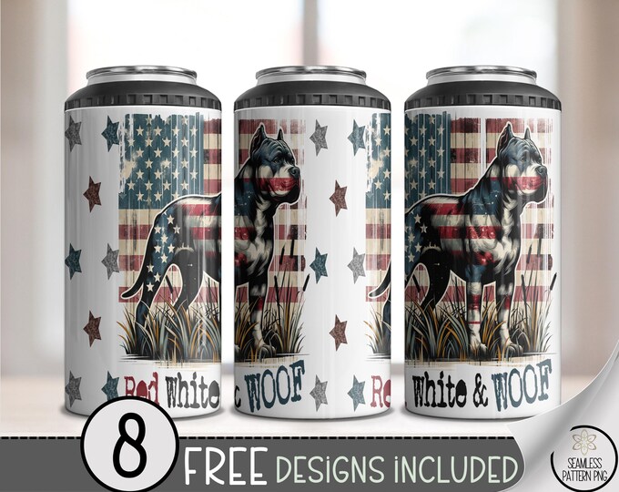Patriotic Dog 4-in-1 Can Cooler Wrap PNG, Red White Woof 16 oz Sublimation, USA American Flag Pitbull Tumbler PNG, Dog Lover Drink Wrap A274