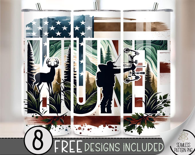 Deer Hunting Tumbler Wrap, Hunting 20oz Skinny Tumbler Sublimation Design, Buck Tumbler Wrap File, Mountain Range PNG, American Flag