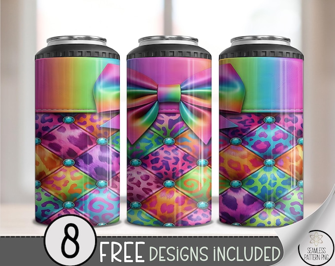 Rainbow Ribbon PNG Coquette Bow 4-in-1 Can Cooler Wrap, Fun Pink Sublimation Design, Digital Download, B980