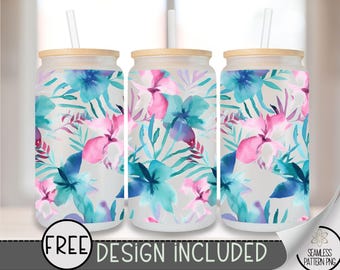 Tropical Floral 16 oz Glass Can Wrap PNG, Watercolor Summer Flower Sublimation, Bright Hibiscus Tumbler Wrap for Glass Can Crafters, A278