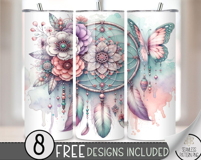 Boho Dreamcatcher Butterfly Floral Tumbler Wrap, Floral Boho Sublimation Design PNG, Ethereal 20Oz Skinny Tumbler File, Mandala Tumbler PNG
