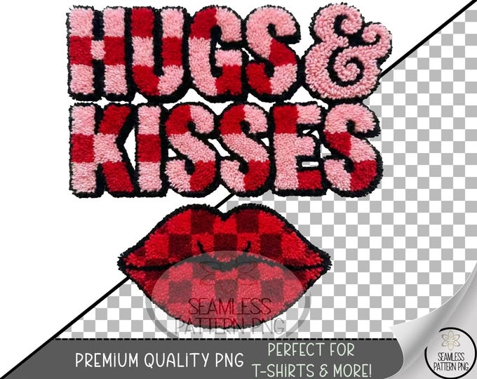 Hugs And Kisses Valentines PNG, Retro Valentine's Sublimation Design, Checkered Letters, Digital Download, B863