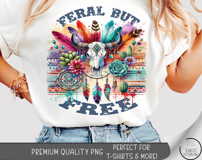 Feral But Free Western T-Shirt PNG, Boho Cow Skull with Flowers and Feathers, Southwestern Aztec Graphic Tee for Cowgirls, A403