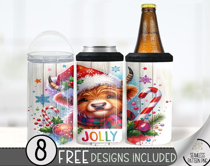 Highland Cow Christmas Hard Can Cooler Design, Xmas 16oz Slim Can Cooler PNG, Holiday 4in1 Can Cooler Tumbler Wrap, Jolly Stubby Can Wrap