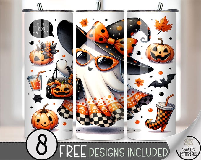 Certified Boo Material 20 oz Tumbler Wrap PNG, Halloween Ghost Sublimation, Cute Pumpkin Witch Ghost Fall Tumbler Design, A369