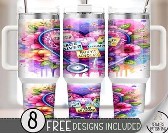 Nurse Life 40oz Tumbler Wrap PNG, Caregiver Floral Medical Wrap Design, Healing Hands Skinny Sublimation PNG, Printable Nurse File A250