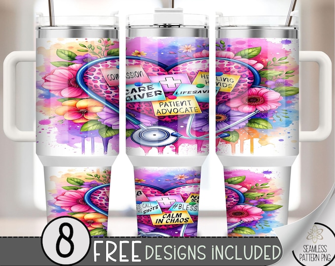 Nurse Life 40oz Tumbler Wrap PNG, Caregiver Floral Medical Wrap Design, Healing Hands Skinny Sublimation PNG, Printable Nurse File A250