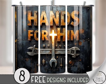 Religious 20 oz Tumbler Wrap, Hands For Him Sublimation Design, Industrial Cross and Tools Art, Rustic Faith-Based Digital Download A519