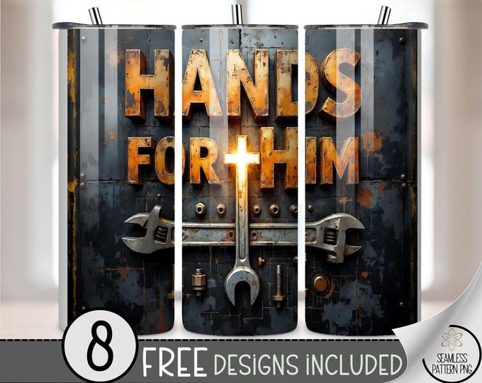 Religious 20 oz Tumbler Wrap, Hands For Him Sublimation Design, Industrial Cross and Tools Art, Rustic Faith-Based Digital Download A519
