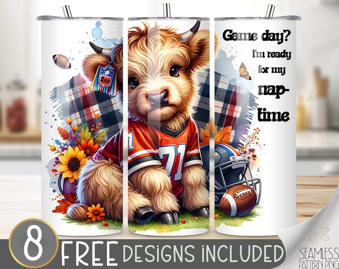 Football highland cow tumbler wrap, game day 20 oz skinny tumbler sublimation, football tumbler design, cute football cow tumbler file