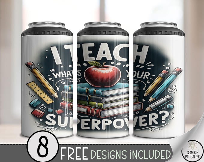 Teach Superpower 4-in-1 Can Cooler Wrap, Superhero Teacher, Sublimation Design, Apple and Books Instant Digital Download, PNG, A840