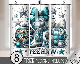 Glamorous 20 oz tumbler wrap: Western Christmas Digital Download Sublimation Design for Skinny Tumblers, Festive Teal PNG Files A517