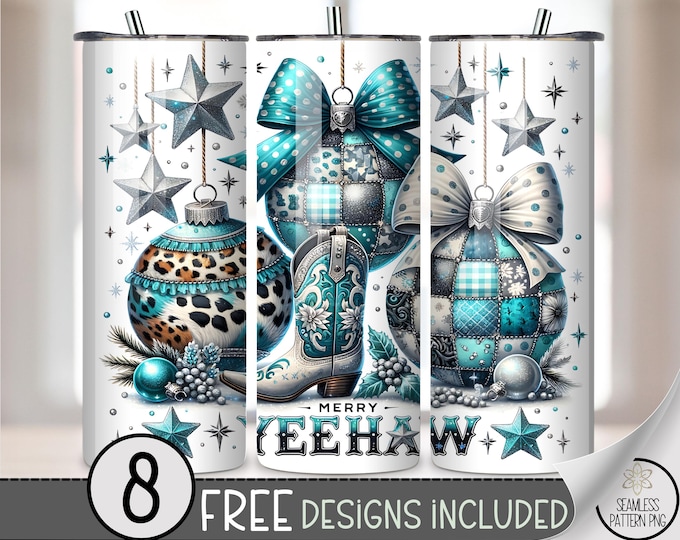 Glamorous 20 oz tumbler wrap: Western Christmas Digital Download Sublimation Design for Skinny Tumblers, Festive Teal PNG Files A517