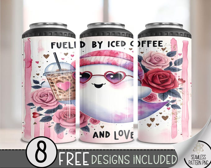 Seamless Valentine Ghost 4in1 Can Cooler Wrap, Vday Sublimation Design, Love 16 Oz Can Cooler Design File, Cute Ghost 4 in 1 Tumbler PNG