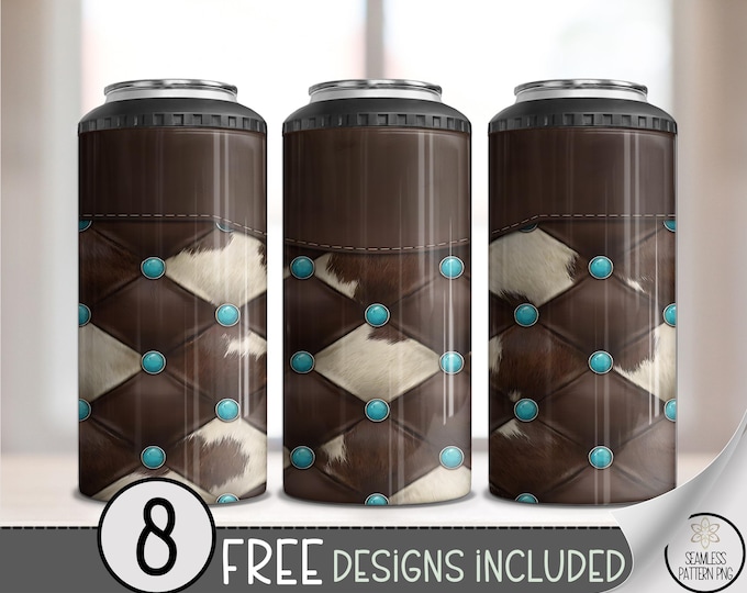 Cowhide PNG, Leather Pattern 4-in-1 Can Cooler Wrap, Western Turquoise Tufted Sublimation Design, Digital Download, B981