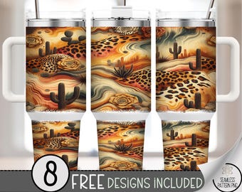 Exotic 40 oz Tumbler Wrap, Leopard Desert Sublimation Design, Vibrant Abstract PNG Files, Wild Cacti Landscape, A542
