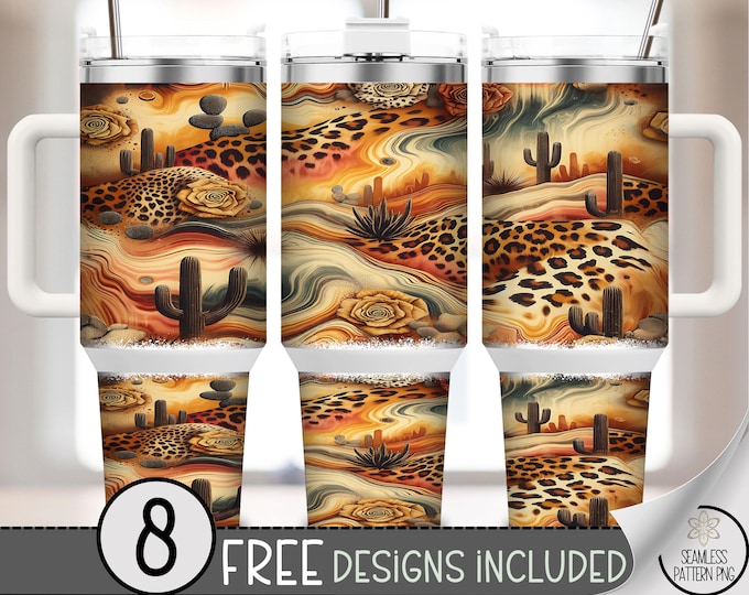 Exotic 40 oz Tumbler Wrap, Leopard Desert Sublimation Design, Vibrant Abstract PNG Files, Wild Cacti Landscape, A542