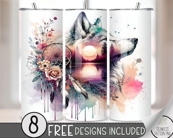 Boho Wolf Floral Tumbler Wrap, Floral Watercolor Sunset Lake Sublimation Design PNG, Ethereal 20Oz Skinny Tumbler File, Lake Tumbler PNG