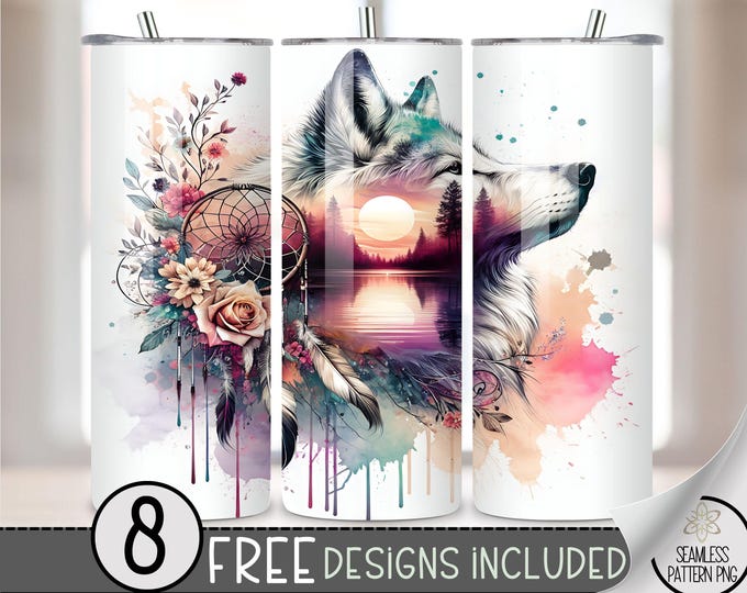 Boho Wolf Floral Tumbler Wrap, Floral Watercolor Sunset Lake Sublimation Design PNG, Ethereal 20Oz Skinny Tumbler File, Lake Tumbler PNG