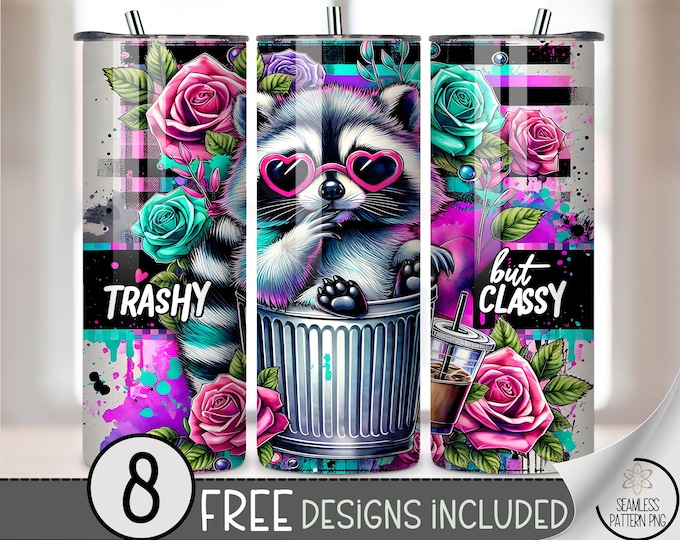 Trashy But Classy Raccoon 20 oz Tumbler Wrap PNG, Grunge Raccoon Sublimation,Cute Trash Panda Design,Roses & Coffee for Skinny Tumbler, A304