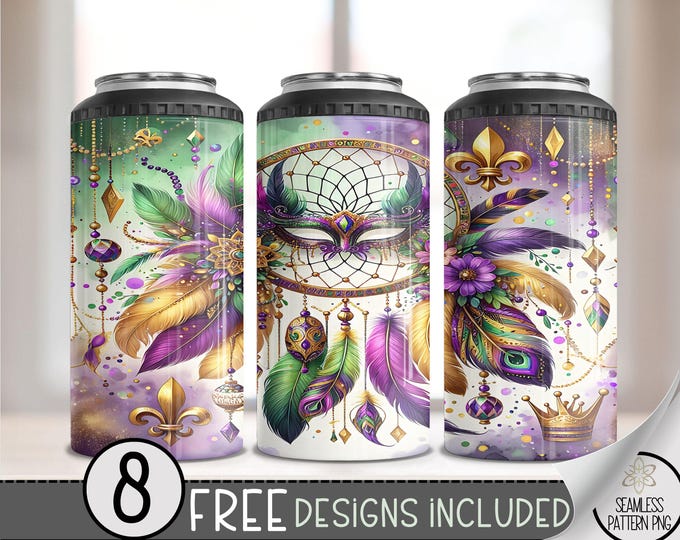 Mardi Gras Dreamcatcher 4 in 1 Can Cooler Wrap, Fleur de Lis 4 in 1 Tumbler PNG, Seamless Carnival Mask 16 Oz Can Cooler Sublimation Design