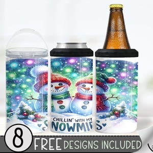 Snowman 4 In 1 Can Cooler Tumbler Wrap, Winter Sublimation Design, Funny 16 Oz Slim, Sparkly Snowflakes 16 Oz Can Cooler Sublimation Design