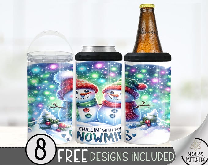 Snowman 4 In 1 Can Cooler Tumbler Wrap, Winter Sublimation Design, Funny 16 Oz Slim, Sparkly Snowflakes 16 Oz Can Cooler Sublimation Design