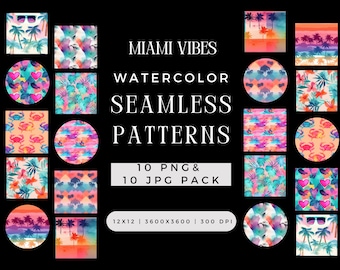 Digital Watercolor Miami Vibes Seamless Pattern PNG Bundle, Summer Flamingo Scene Craft Sublimation JPG File, Repeating Pack Commercial