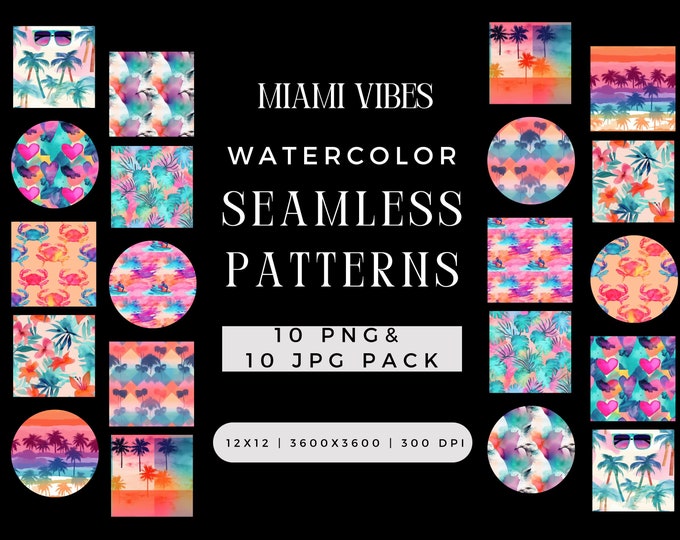 Digital Watercolor Miami Vibes Seamless Pattern PNG Bundle, Summer Flamingo Scene Craft Sublimation JPG File, Repeating Pack Commercial