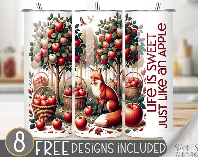 Cute Fox Tumbler Wrap, Life is Sweet Quote, Fall Apples Design, Autumn Apple 20oz Sublimation Template, Autumn Animal PNG, Cozy Sweater Fox