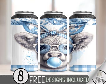 Boho Funny Highland Cow 4 in 1 Can Cooler Wrap, Retro Vintage Glasses 4in1 Tumbler PNG, Toile 16 Oz Can Cooler Sublimation Design, A117