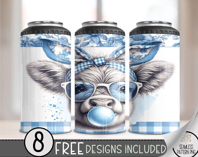 Boho Funny Highland Cow 4 in 1 Can Cooler Wrap, Retro Vintage Glasses 4in1 Tumbler PNG, Toile 16 Oz Can Cooler Sublimation Design, A117