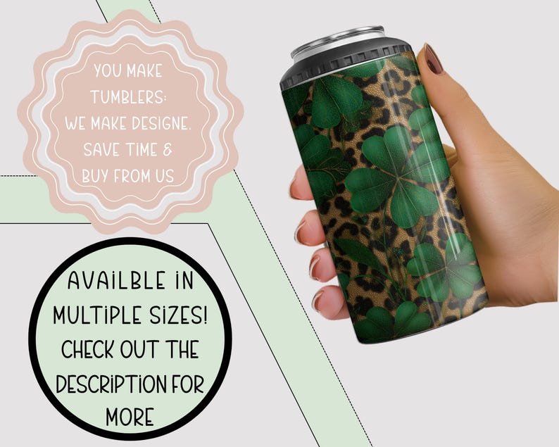 St Patrick's Day PNG, Lucky Clover Sublimation Design For 4-in-1 Can Cooler Wrap, Seamless Leopard Print File, B873 image 7