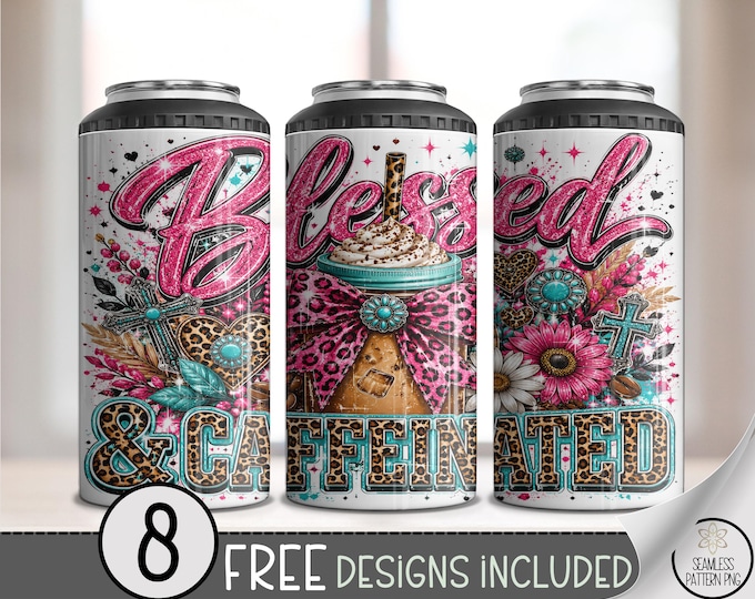 Blessed & Caffeinated 4-in-1 Can Cooler Wrap, Glam Sublimation Design 16 oz 4-in-1 File, B10280