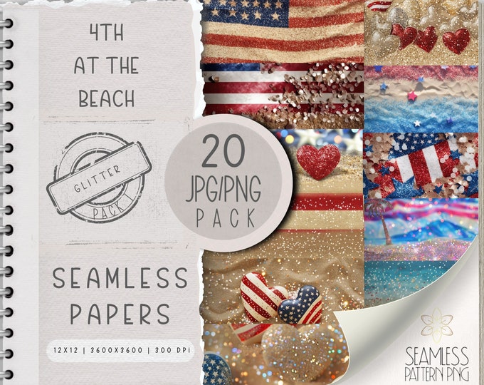 Digital Glitter 4th At The Beach Seamless Pattern JPG PNG Bundle, Stripe Sublimation File, Bright 4th of July Repeating Pack Commercial Use