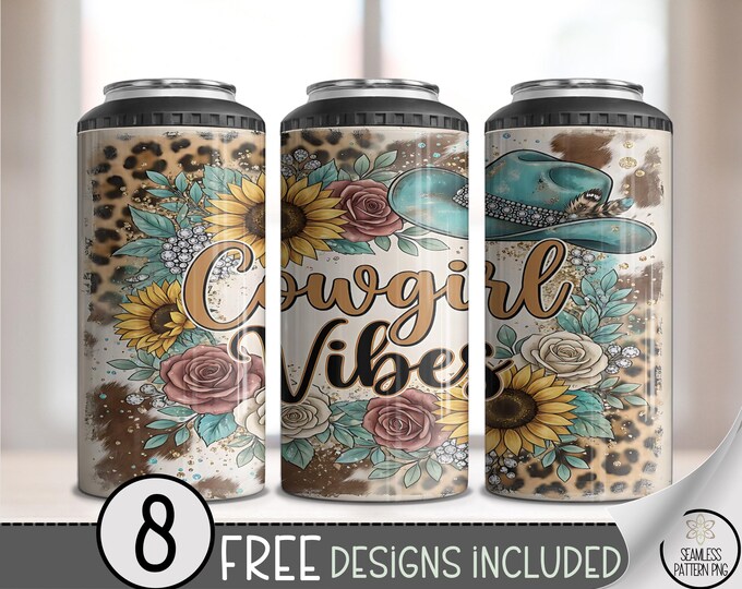 Cowgirl 4-in-1 Can Cooler Wrap, Western Sublimation Design, Rustic Country Floral Chic 16 oz 4-in-1 File Digital Download, B10110