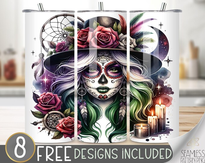 Sugar Skull Witch Tumbler Wrap, Day of the Dead Design, Gothic Rose Ravens, Gothic 20oz Sublimation PNG, Halloween Calavera Tumbler Design