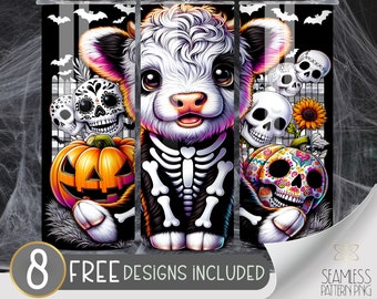 Cute Halloween Highland Cow 20 oz Skinny Tumbler Sublimation Design, Skeleton Highland Cow Tumbler Wrap, Cute Halloween Tumbler Wrap PNG
