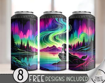 Northern Lights 4 in 1 Can Cooler Wrap, Mermaid 4in1 Tumbler PNG, Seamless Aurora Borealis 16 Oz Can Cooler Sublimation Design, Neon Sky PNG