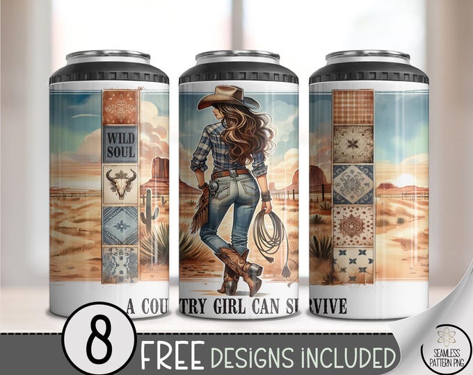 Country Girl Can Survive 4-in-1 Can Cooler Wrap PNG, 16 oz Rustic Cowgirl Western Desert Sublimation, 4 in 1 Wild Soul Rodeo Design, A314