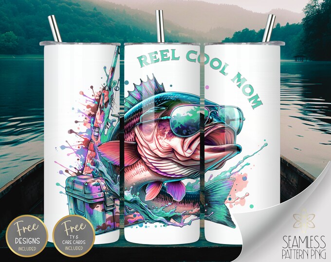 Reel Cool Mom PNG 20 oz Straight Tumbler Wrap Sublimation, Teal & Pink Skinny Tumbler Design Files, Bass Fish Camo Image Instant Download