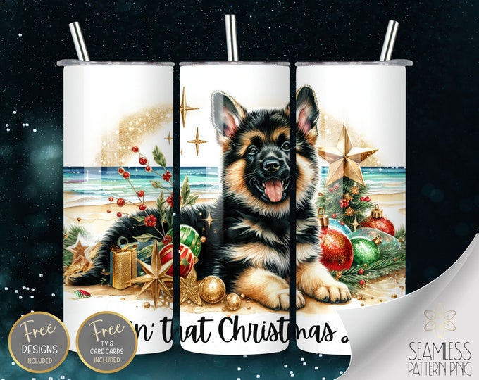 Cute German Shepard, 20 oz Straight Tumbler Wrap Sublimation, Xmas  Tumbler Design Files, Christmas At The Beach Instant Download PNG