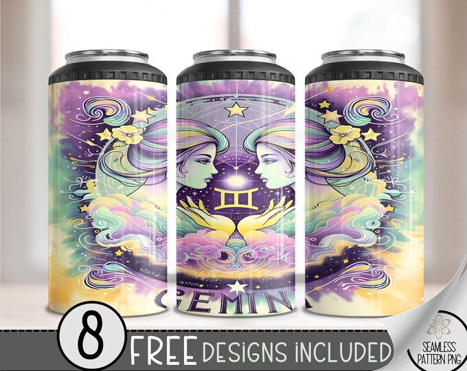 Tie Dye Zodiac 4 in 1 Can Cooler Wrap, Gemini 16 Oz 4in1 Tumbler Sublimation Design Astrology Sign, Zodiac Signs Can Wrap PNG Download