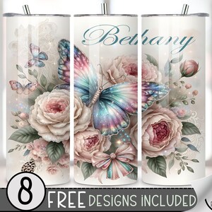 Add Your Name 20 oz Tumbler Wrap, Custom Sublimation Design, You Personalize Skinny Tumbler, Digital Download PNG, Floral Butterfly PNG, A91