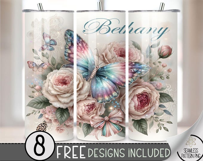 Add Your Name 20 oz Tumbler Wrap, Custom Sublimation Design, You Personalize Skinny Tumbler, Digital Download PNG, Floral Butterfly PNG, A91